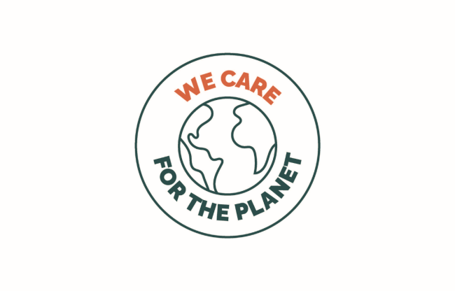 We Care for the Planet logo featuring an illustration of a planet