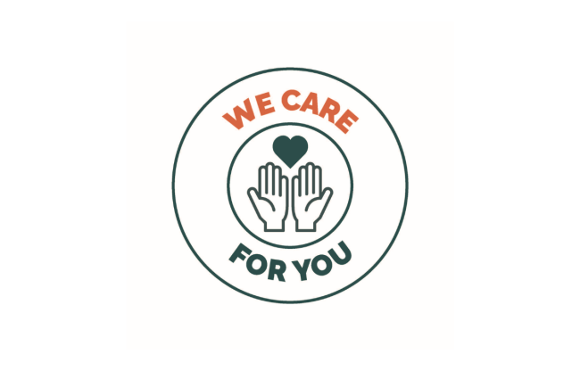 We care for you icon featuring two hands and a heart, to celebrate people
